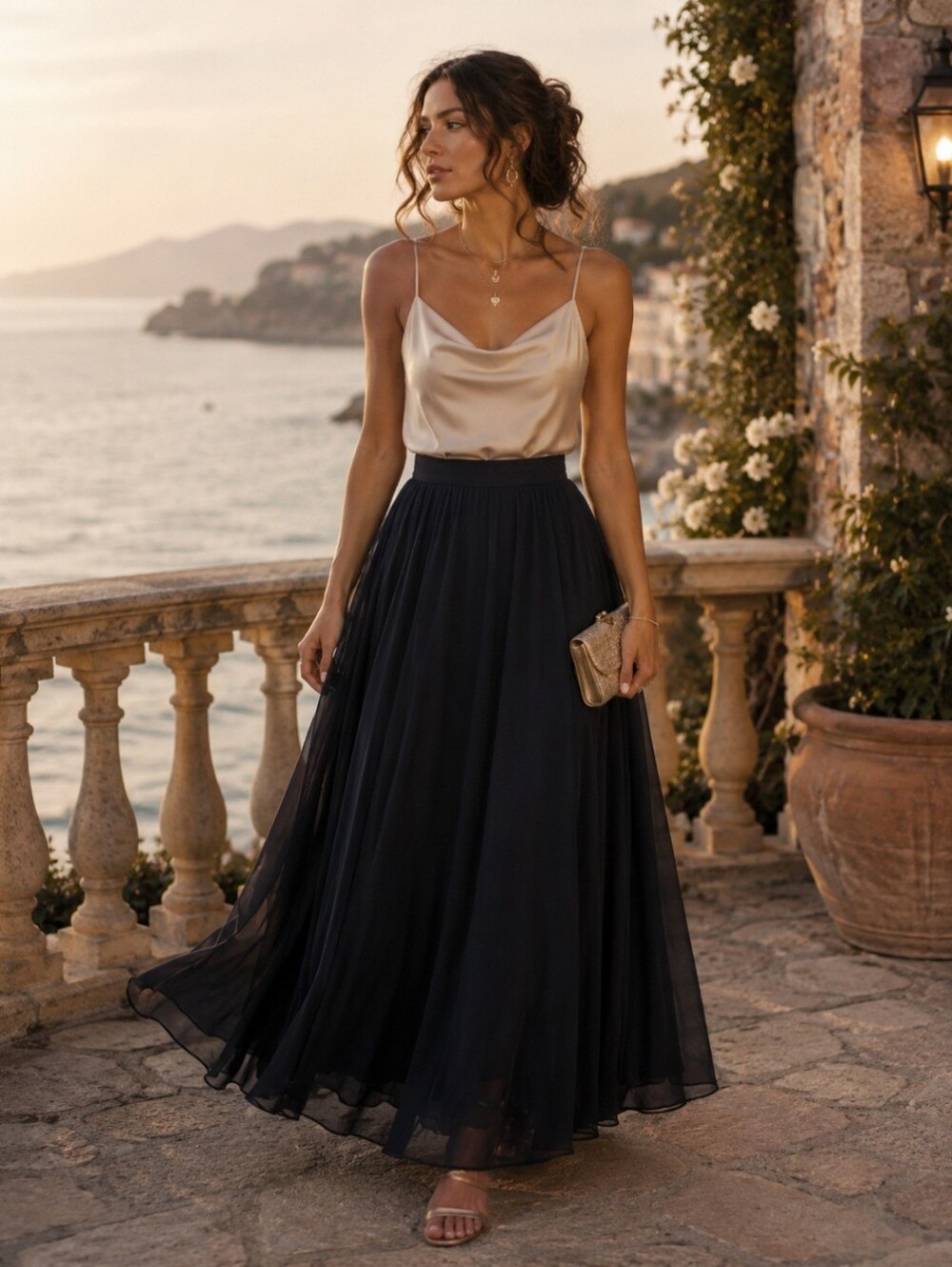 Tadashi Black Maxi Skirt Sheer Overlay Flowy Elegant Formal Size 0